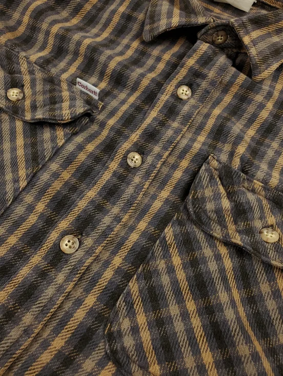 Cadhartt Flannel Shirt Mens Large Plaid Button Up Brown Gray Vintage Distressed - Picture 6 of 10